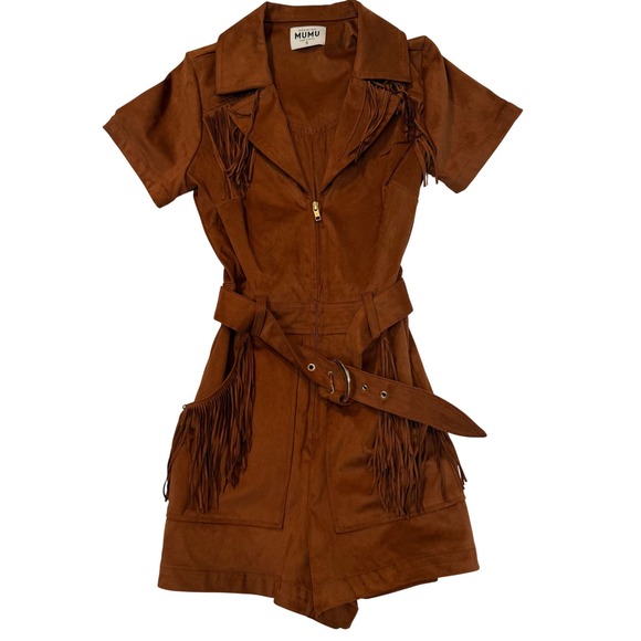 Show Me Your MuMu Pants - Show Me Your Mumu Outlaw Fringe Romper Tan Faux Suede Western Brown Small 0732